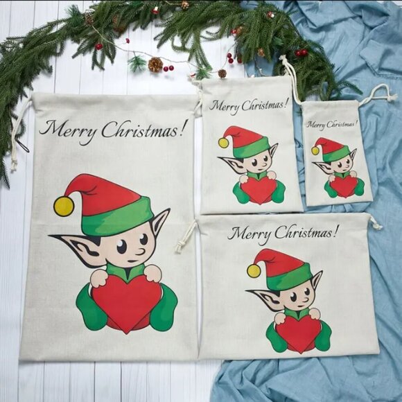 Christmas Elf Burlap Gift Bags X4 Drawstring NWT - Picture 1 of 6